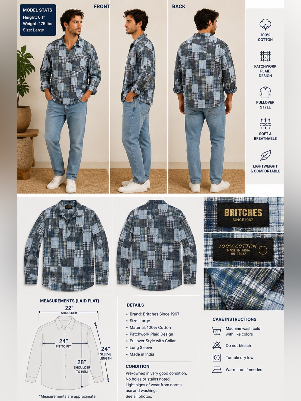 Vintage Britches Patchwork Plaid Pullover Shirt Men's Large 100% Cotton Blue